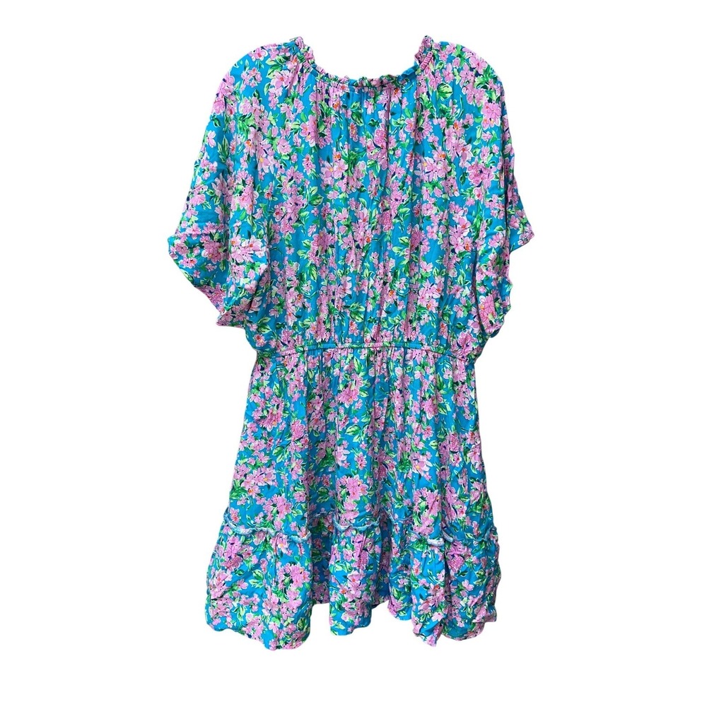 Emily Wonder Blue Pink Floral Split Neck Tassel Mini Dress Plus Size 1X Flutter
